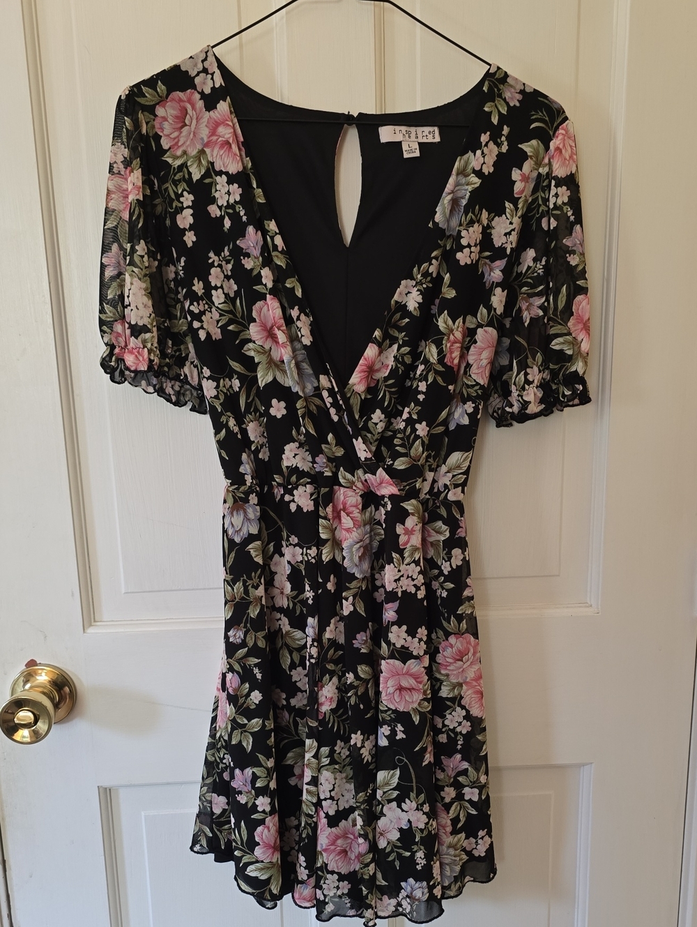 Inspired Hearts Black With Pink Rose Floral Tie Back Cottagecore Dress Size L